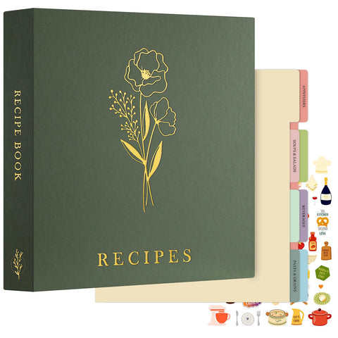 Lanpn Recetario de tres aros con cubierta verde, ideal para organizar 116 recetas.