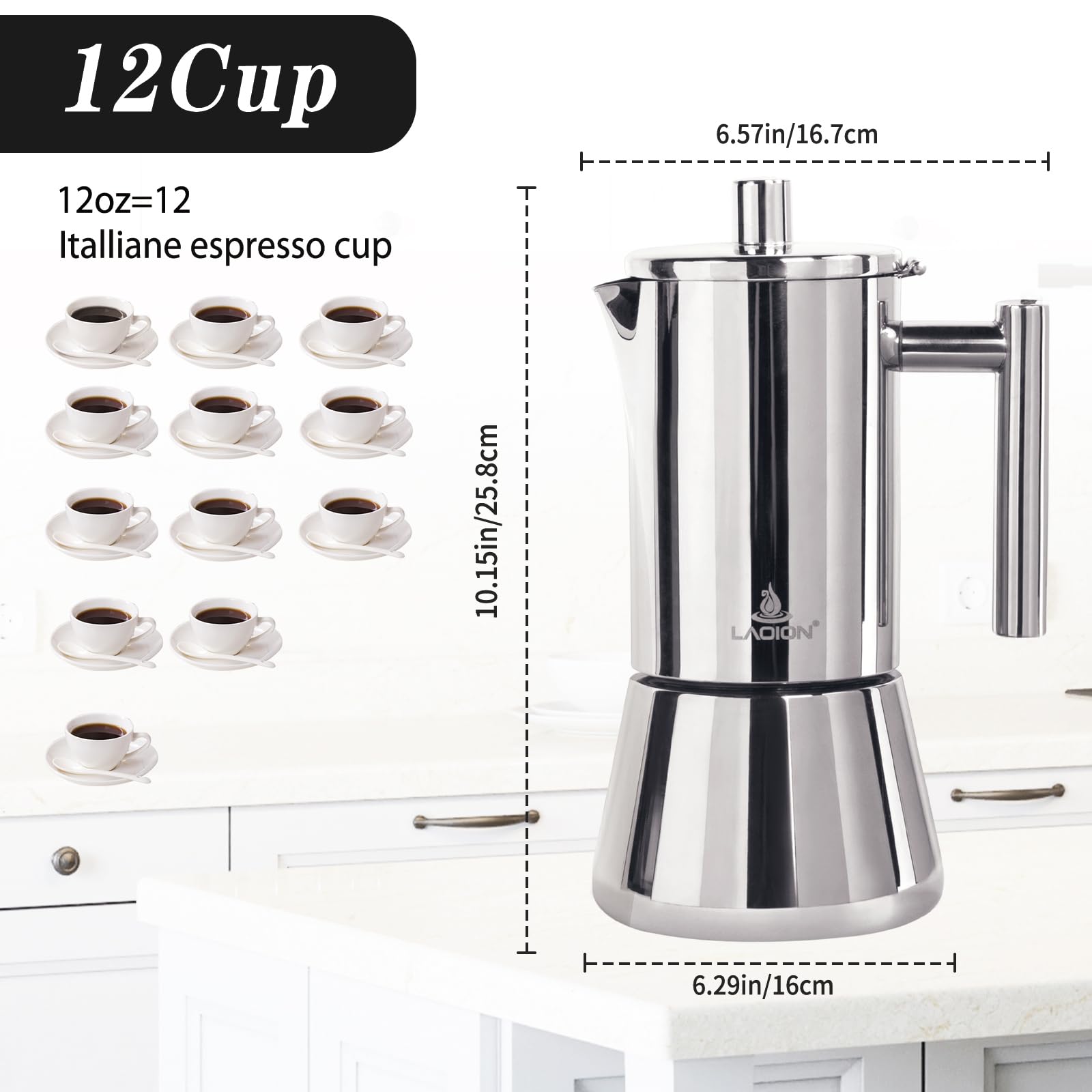 LAOION acero inoxidable cafetera resalta durabilidad y estilo en la cocina.