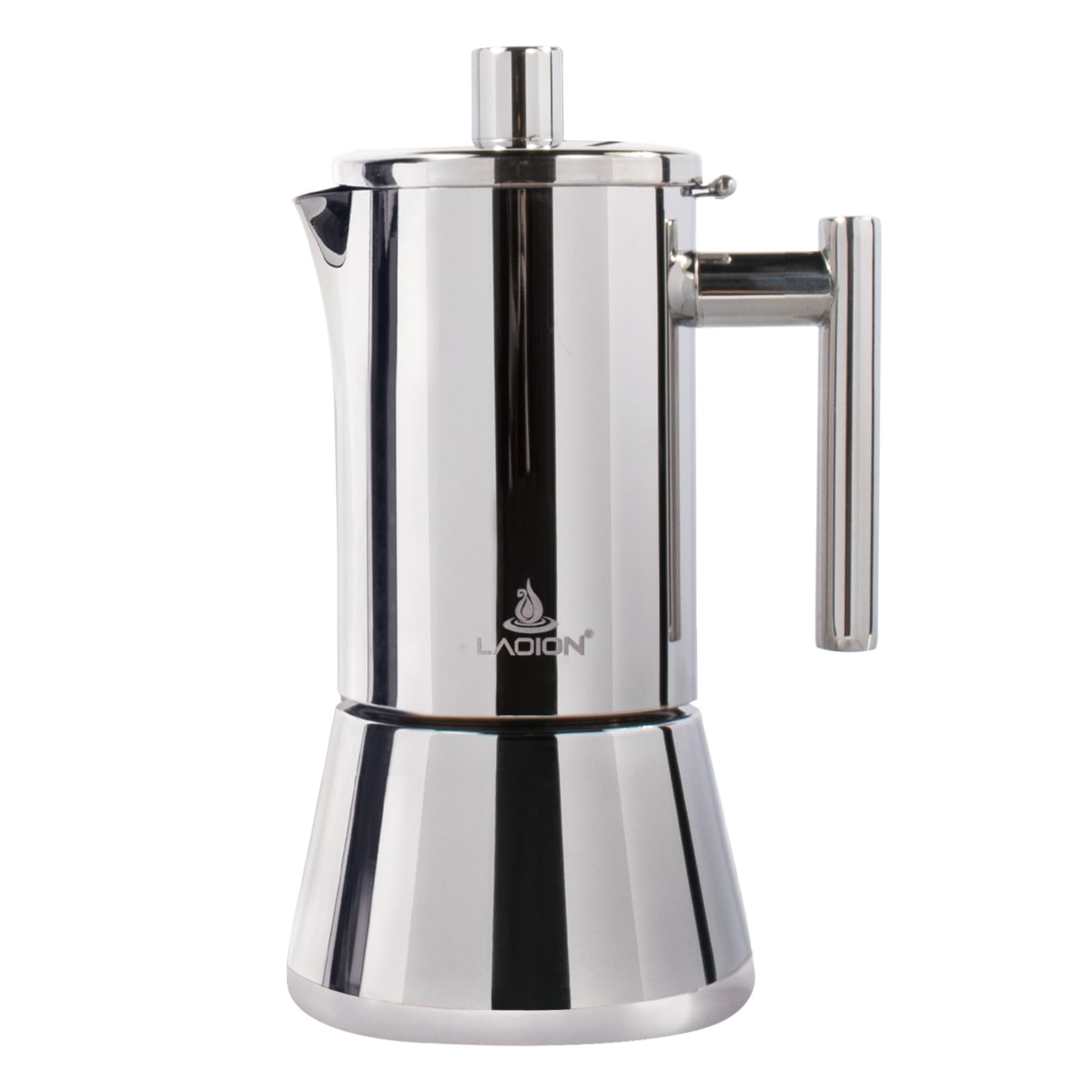 Cafetera moka LAOION 6 tazas en acero inoxidable, ideal para uso diario.