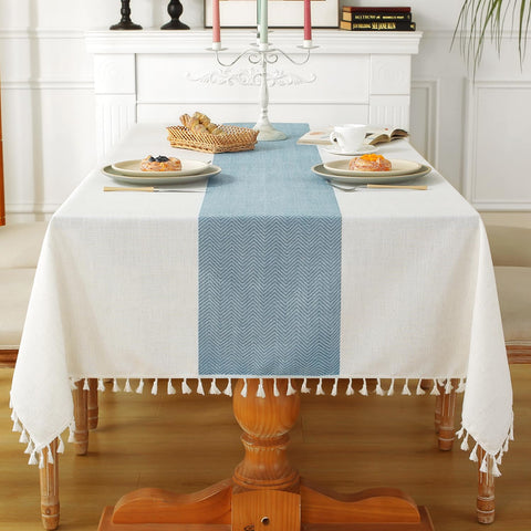 Mantel Laolitou de algodón-lino, textura suave para comidas diarias en mesa rectangular.