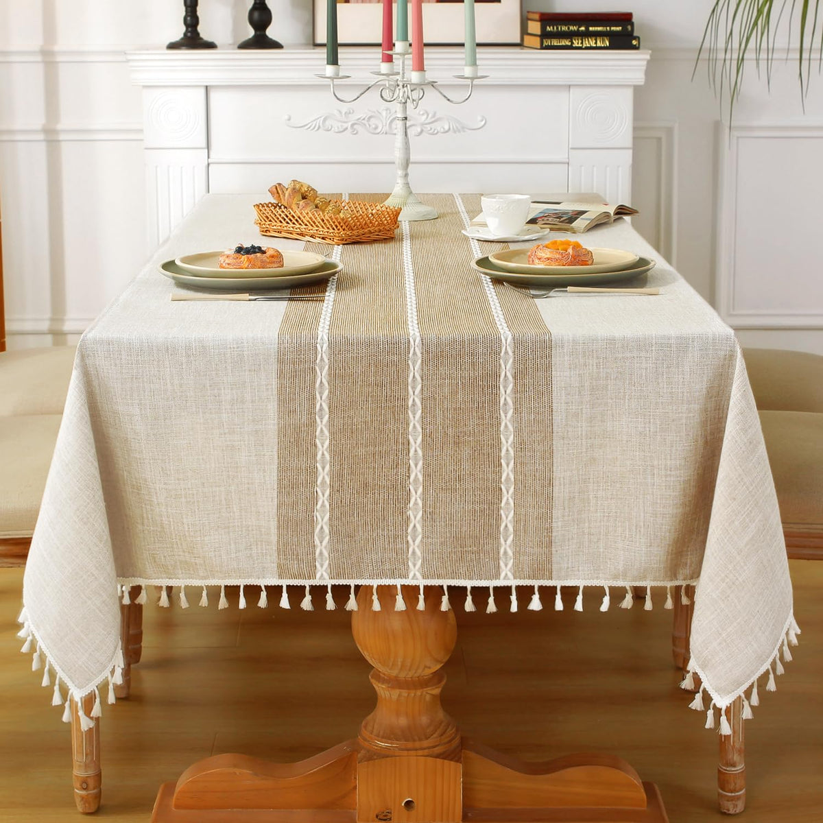 Mantel Laolitou rustico de algodón-lino impermeable para mesa rectangular.