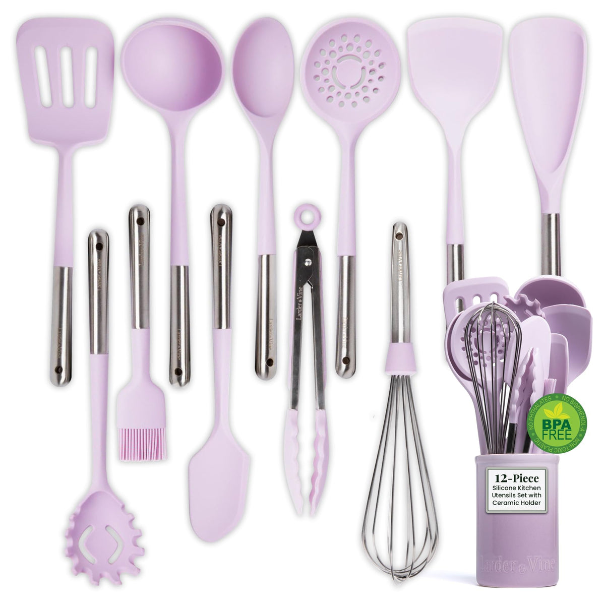 Larder & Vine batidor de silicona para mezclar sin rayar ollas, enfoque en batidor lavanda.