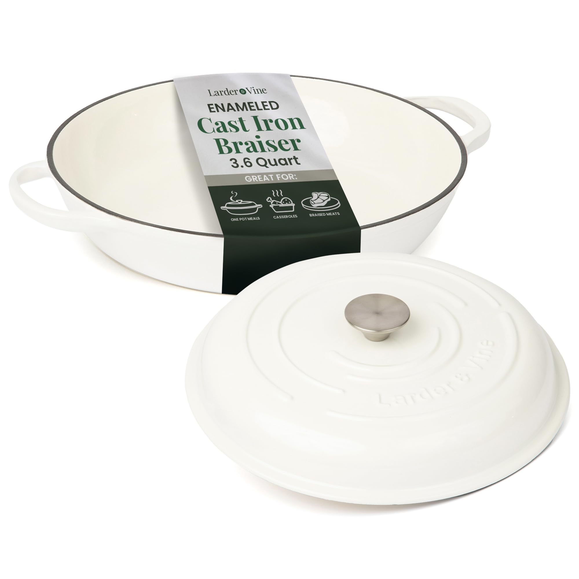 Brasero Larder & Vine de 3,6 cuartos frente, ideal para guisos y brasados.