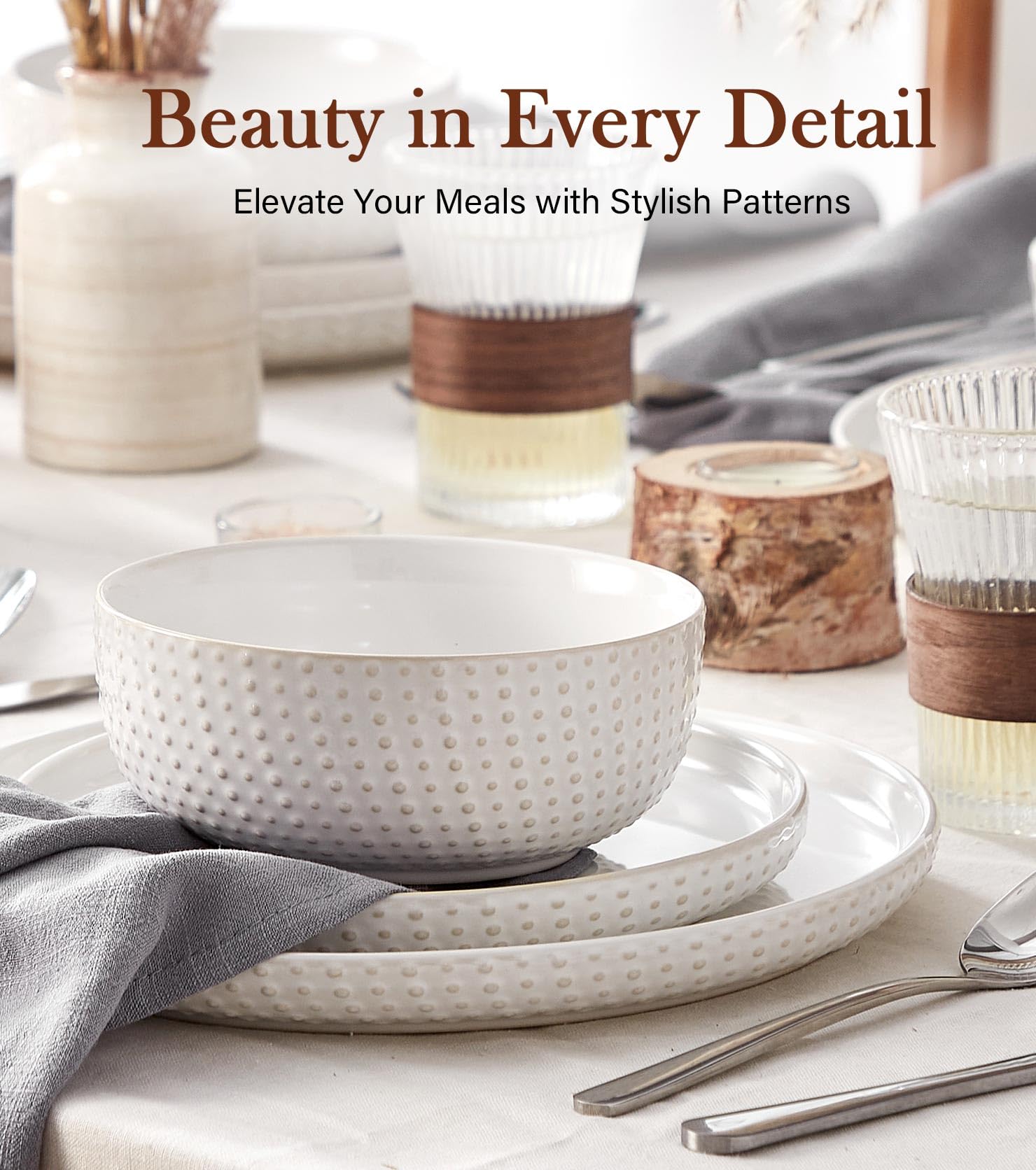 Vajilla Lareina con cuencos-relieve boho blanco, perfecto para mesas creativas y familiares.