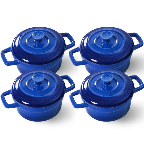 Lareina Mini Cocotte azul de 12oz con tapa, ideal para porciones individuales y calor sostenido.