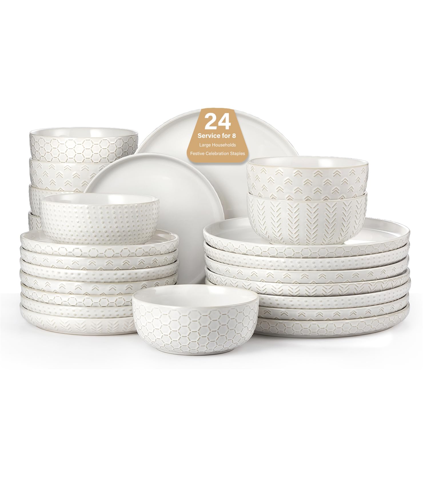 Vajilla Lareina con platos-relieve vintage blanco, ideal para cenas elegantes y cotidianas.
