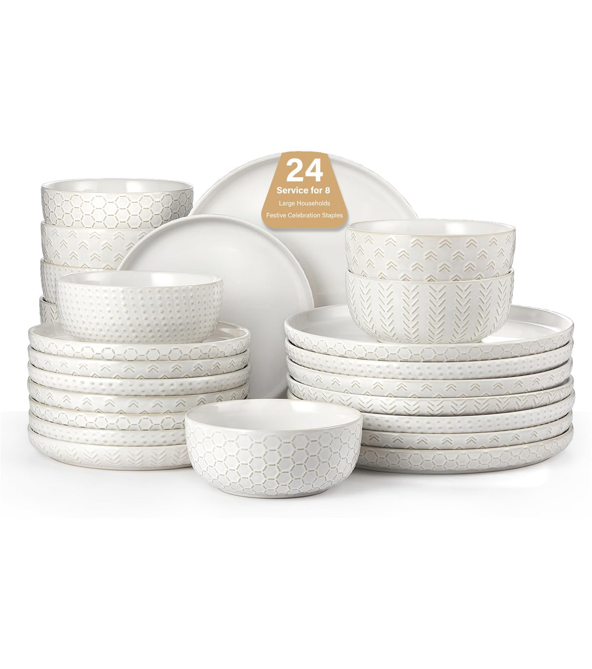 Vajilla Lareina con platos-relieve vintage blanco, ideal para cenas elegantes y cotidianas.
