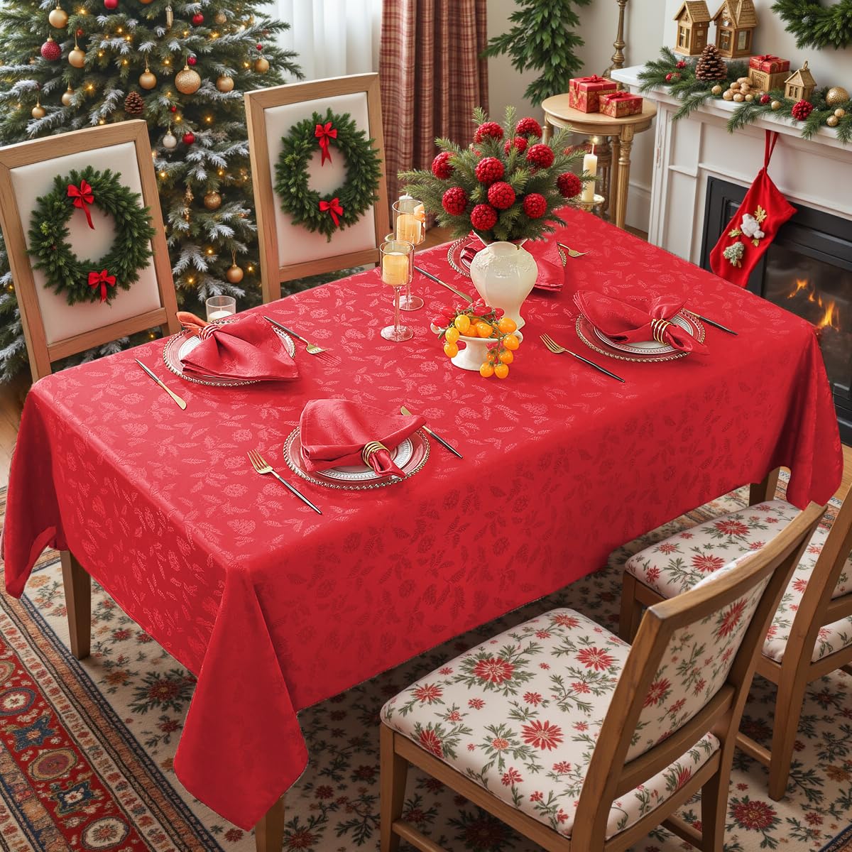 Mantel Larponder jacquard acebo y bayas, añade encanto tradicional a cenas