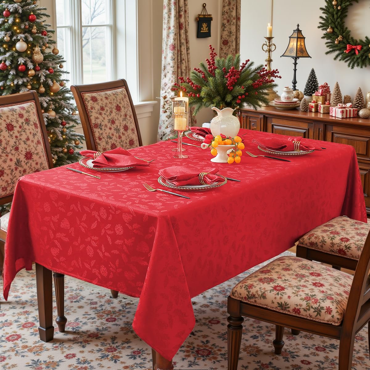 Mantel Larponder jacquard navidad pino conos, elegante para la mesa festiva