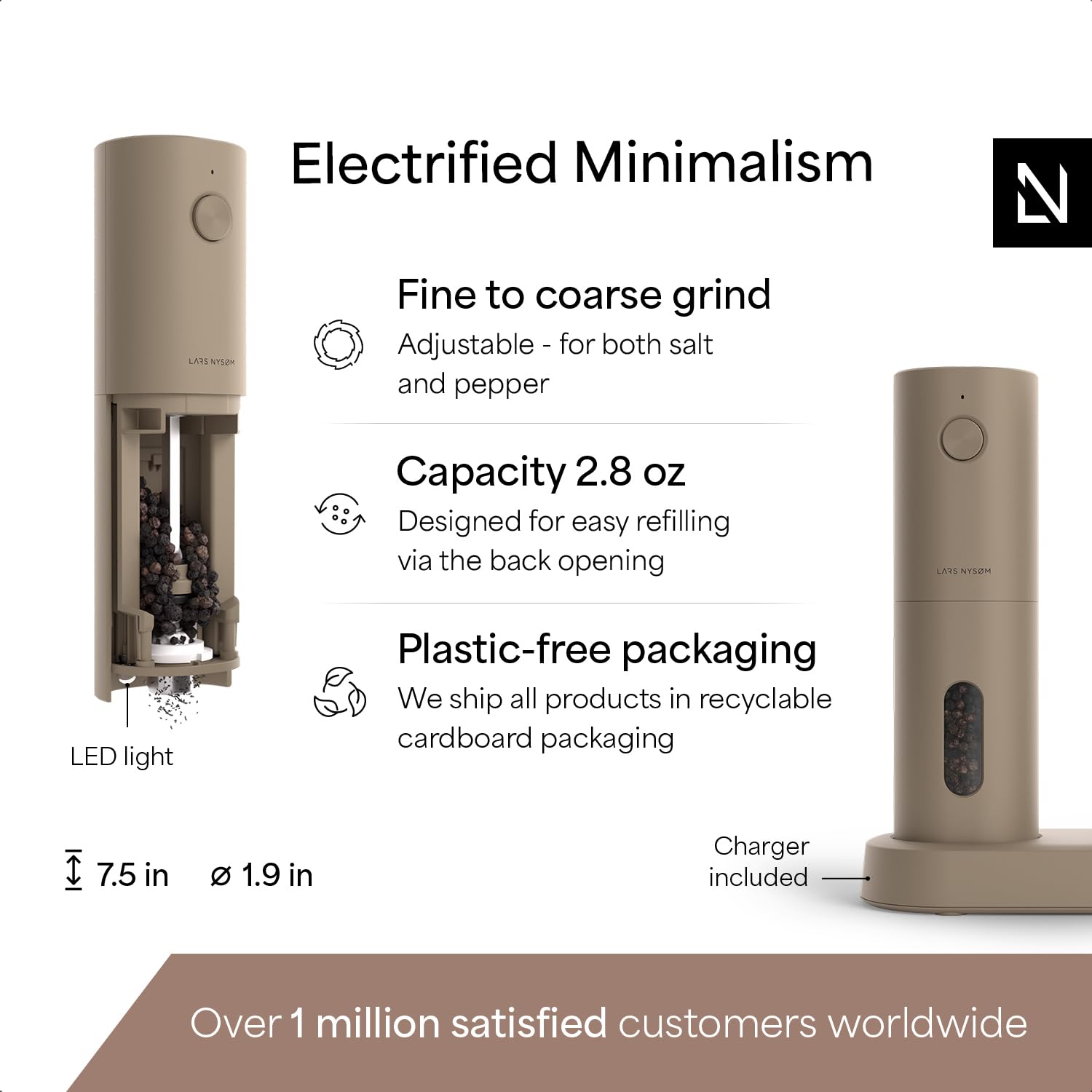 Diseño minimalista de LARS NYSØM, molinillo de especias sencillo y elegante.