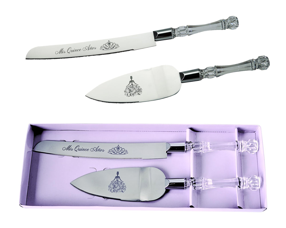 Lassos Boutique cuchillo para pastel Mis Quince Años con mango acrílico elegante.