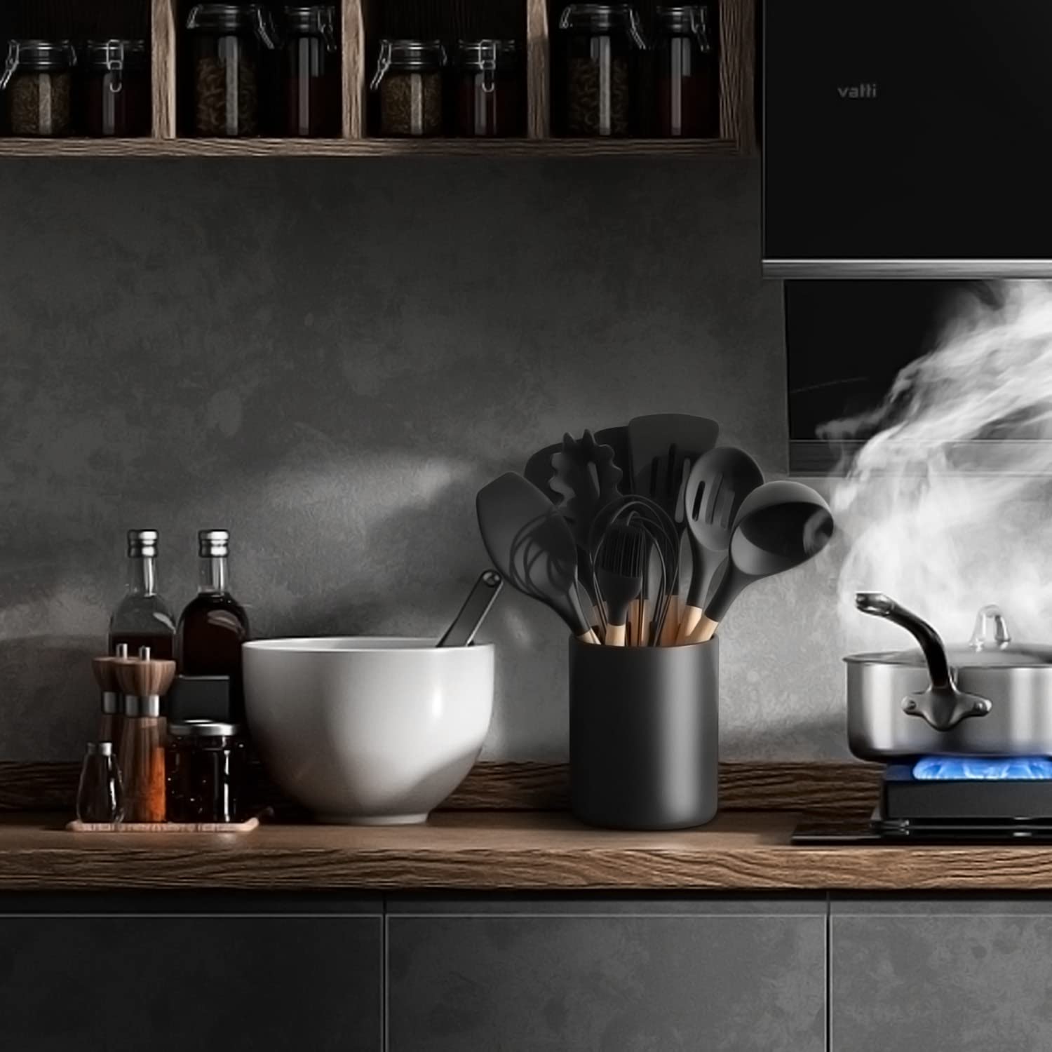 LATCHHOOK organizador-utensilios negro, ahorra espacio en la cocina.