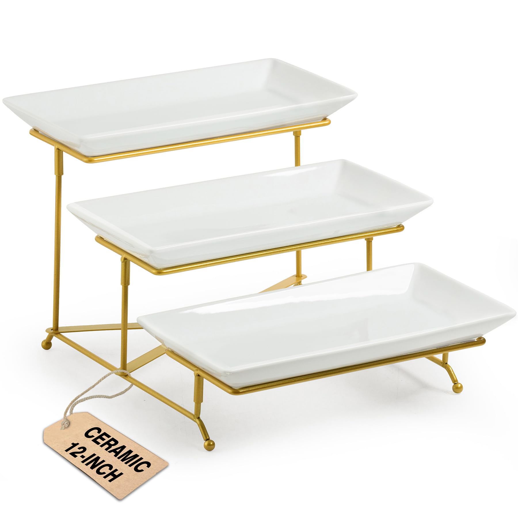 LAUCHUH bandeja 3 niveles de porcelana oro, ideal para aperitivos en la mesa.