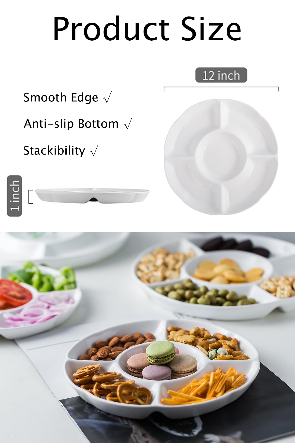 LAUCHUH bandeja cerámica blanca con compartimentos para salsas y bocadillos