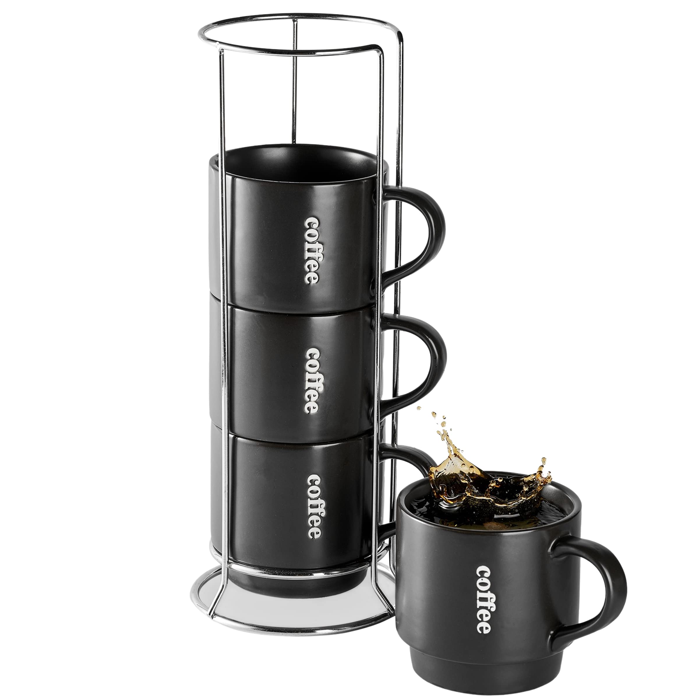 Tazas LAUCHUH de porcelana negro mate apilables para servicio ordenado.