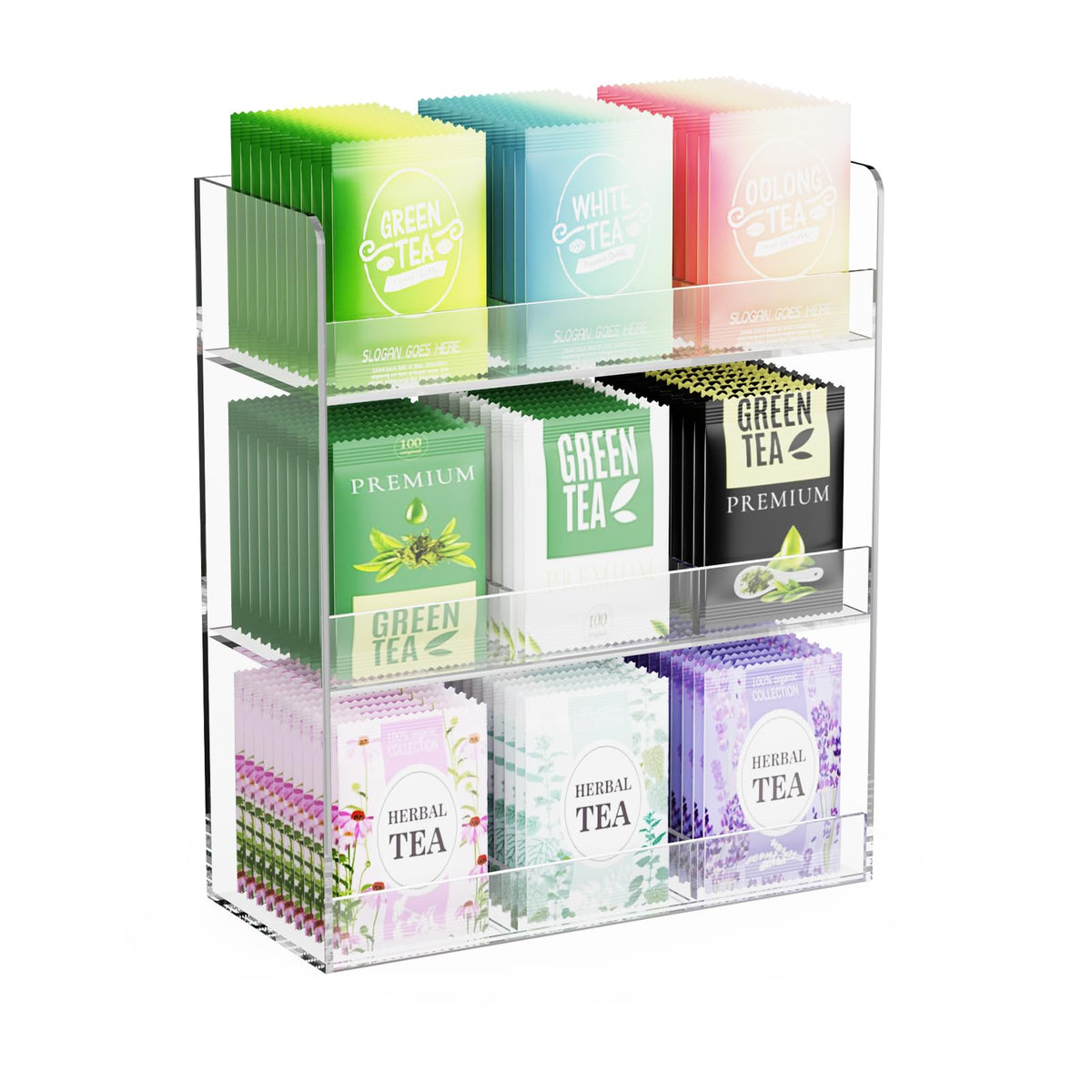 Laumffon organizador-bolsitas-te acrílico tres-capas, orden rápido en la cocina.
