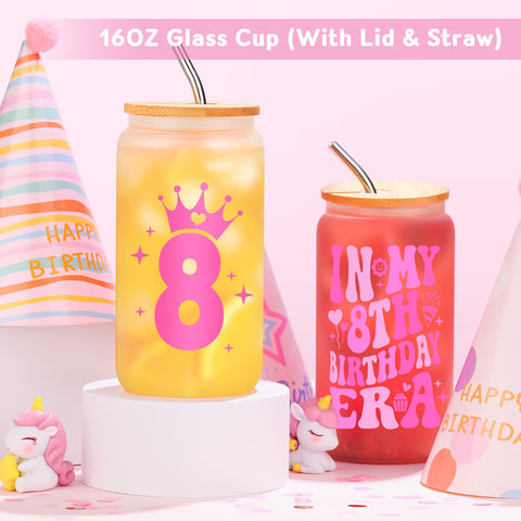 Launrada taza de vidrio 16oz con tapa y pajilla, ideal para bebidas festivas.