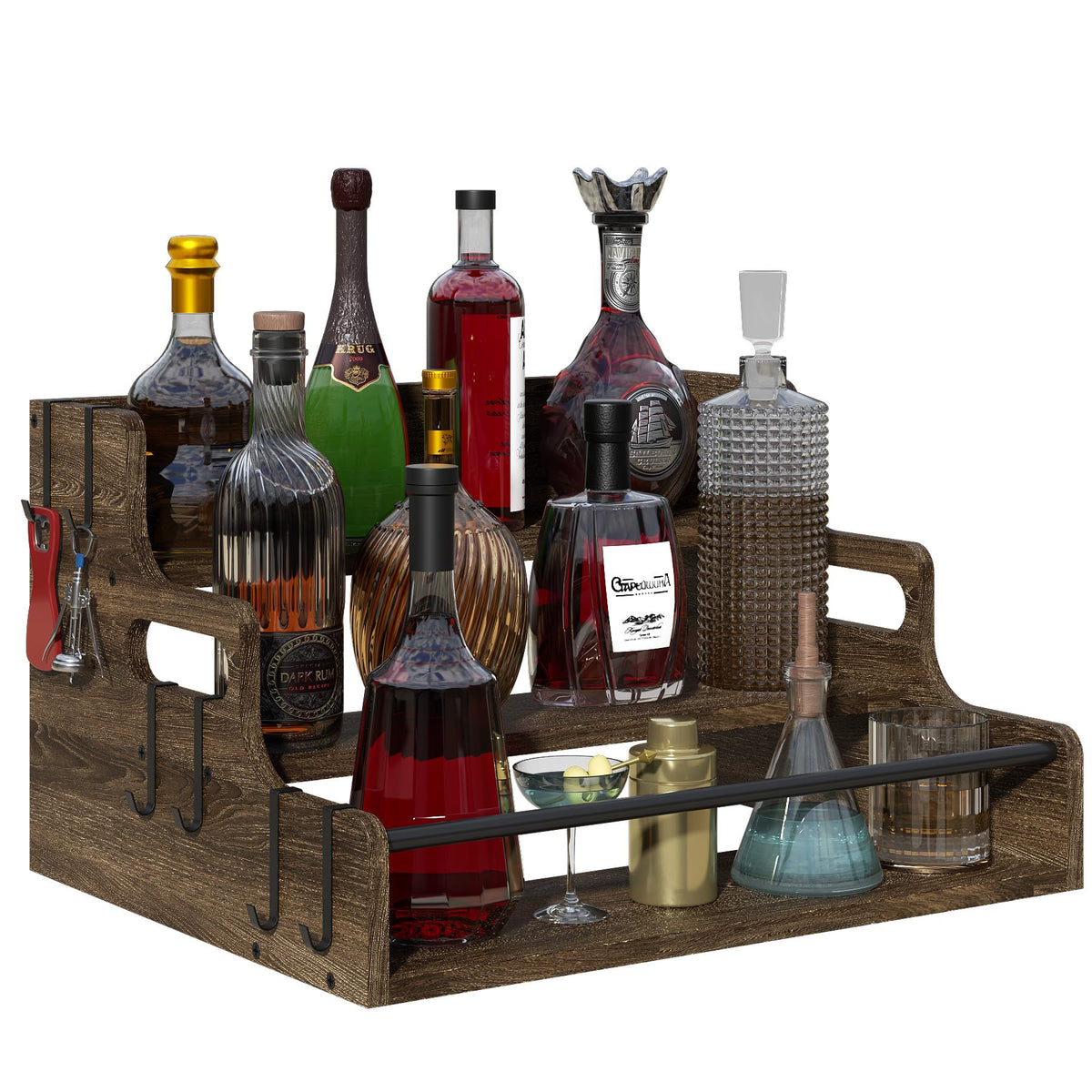 Lavendex estante tres niveles para licor y botellas, organización elegante.
