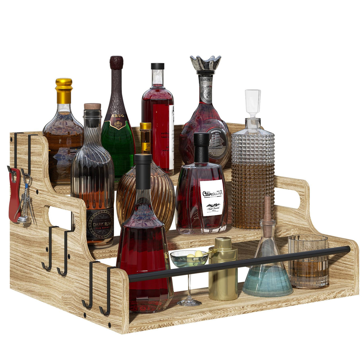 Lavendex expone botellas de licor en tres niveles para organización y visualización elegante.
