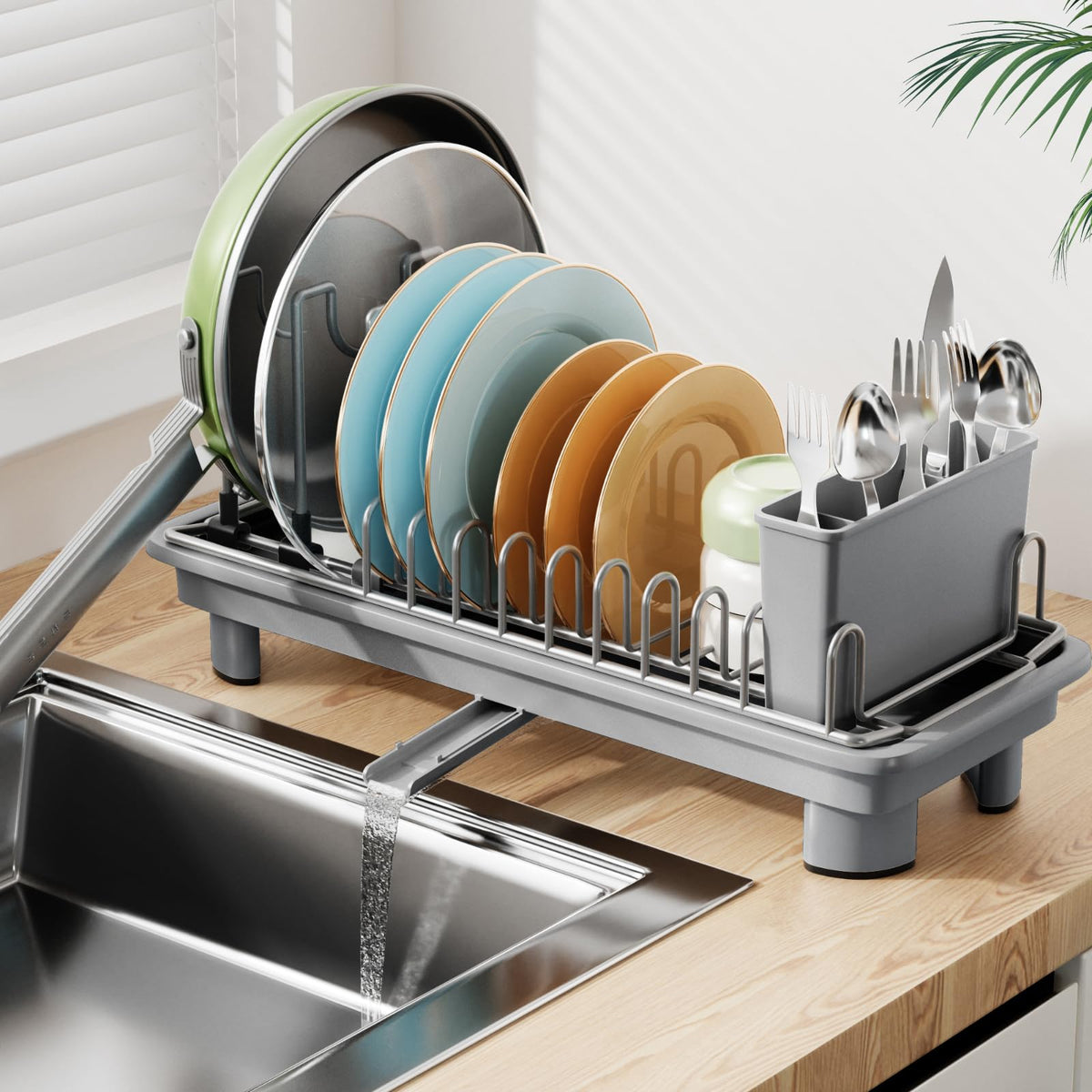 Laveshop escurridor para platos compacto en encimera, ahorro de espacio.