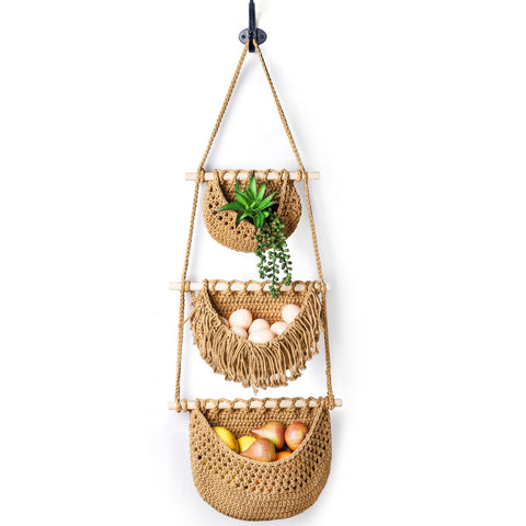 Lawei cesta colgante de frutas 3 niveles para almacenamiento ordenado y ventilado.