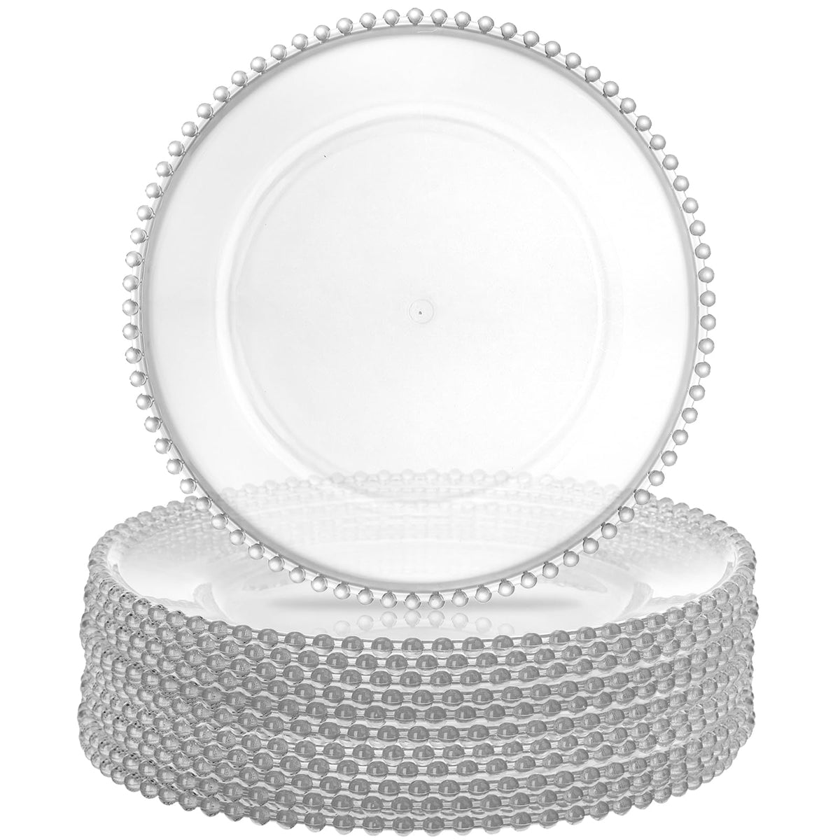 Lawei plato cargador transparente con aro de perlas para realzar presentaciones.