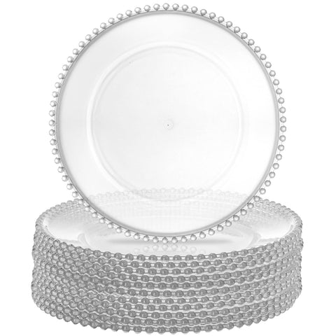 Lawei plato cargador transparente con aro de perlas para realzar presentaciones.