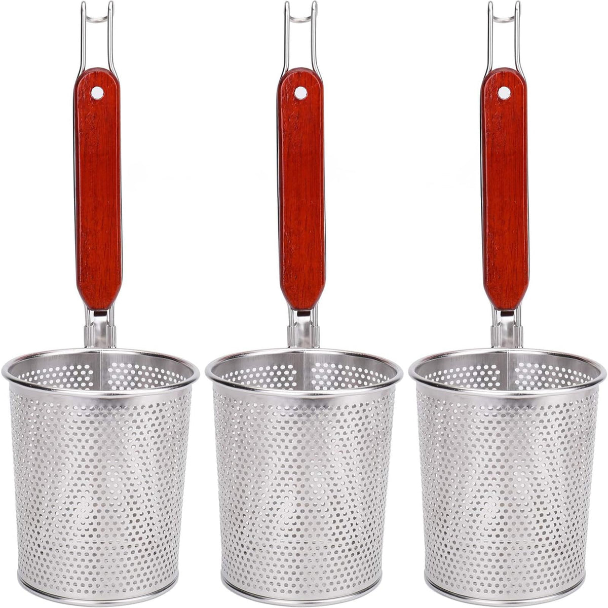 Lawei cestillas de malla para pasta con mango de madera, conjunto de tres
