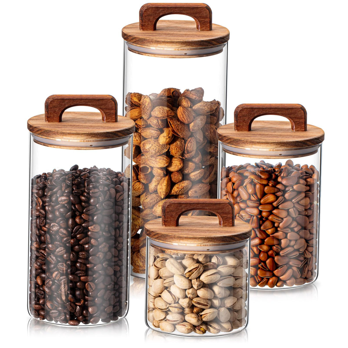 Layhit frascos de cristal con tapa de madera muestran dulces visibles, ideal para organización diaria.