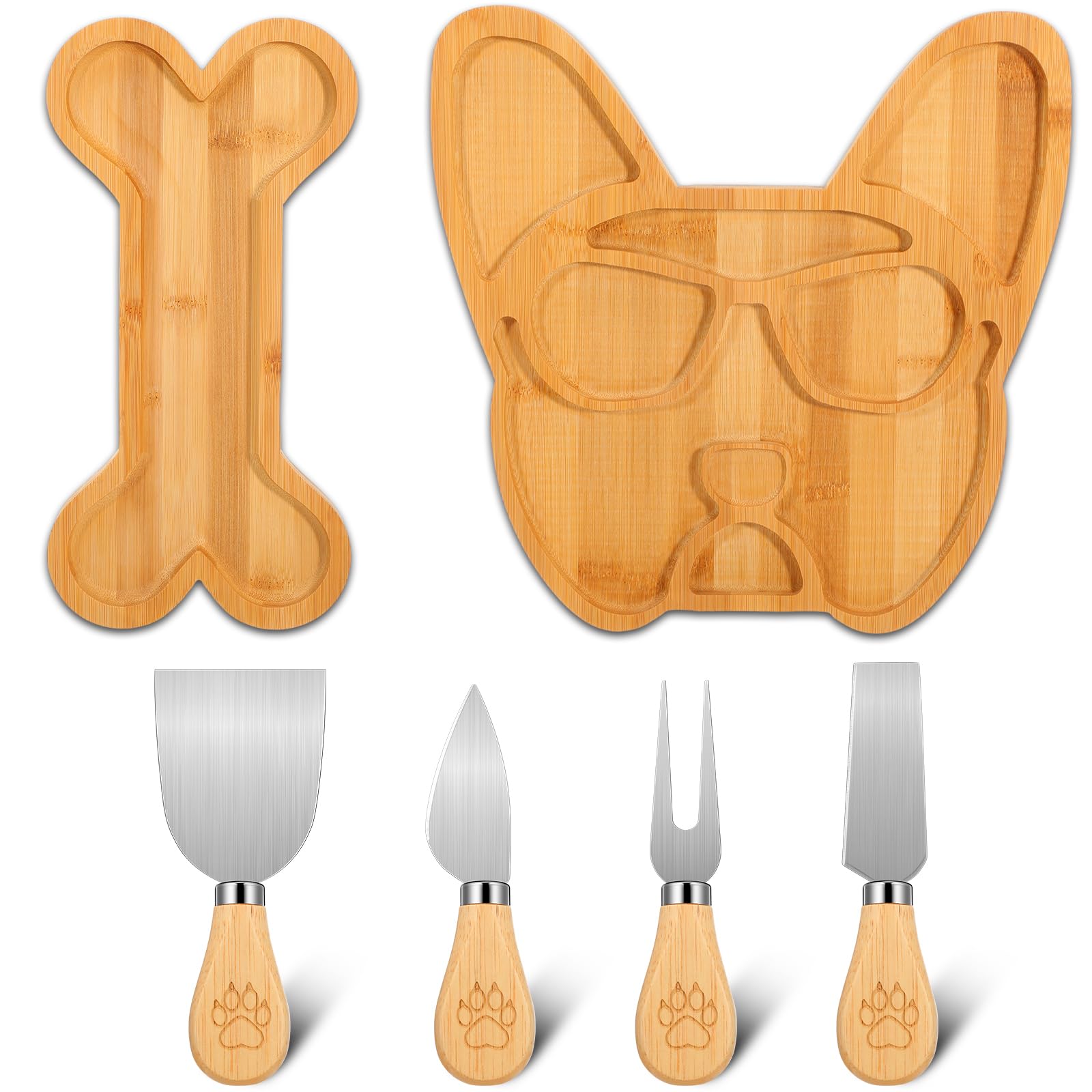 Tablero Layhit de charcutería con bulldog francés, perfecto para degustaciones y fiestas.