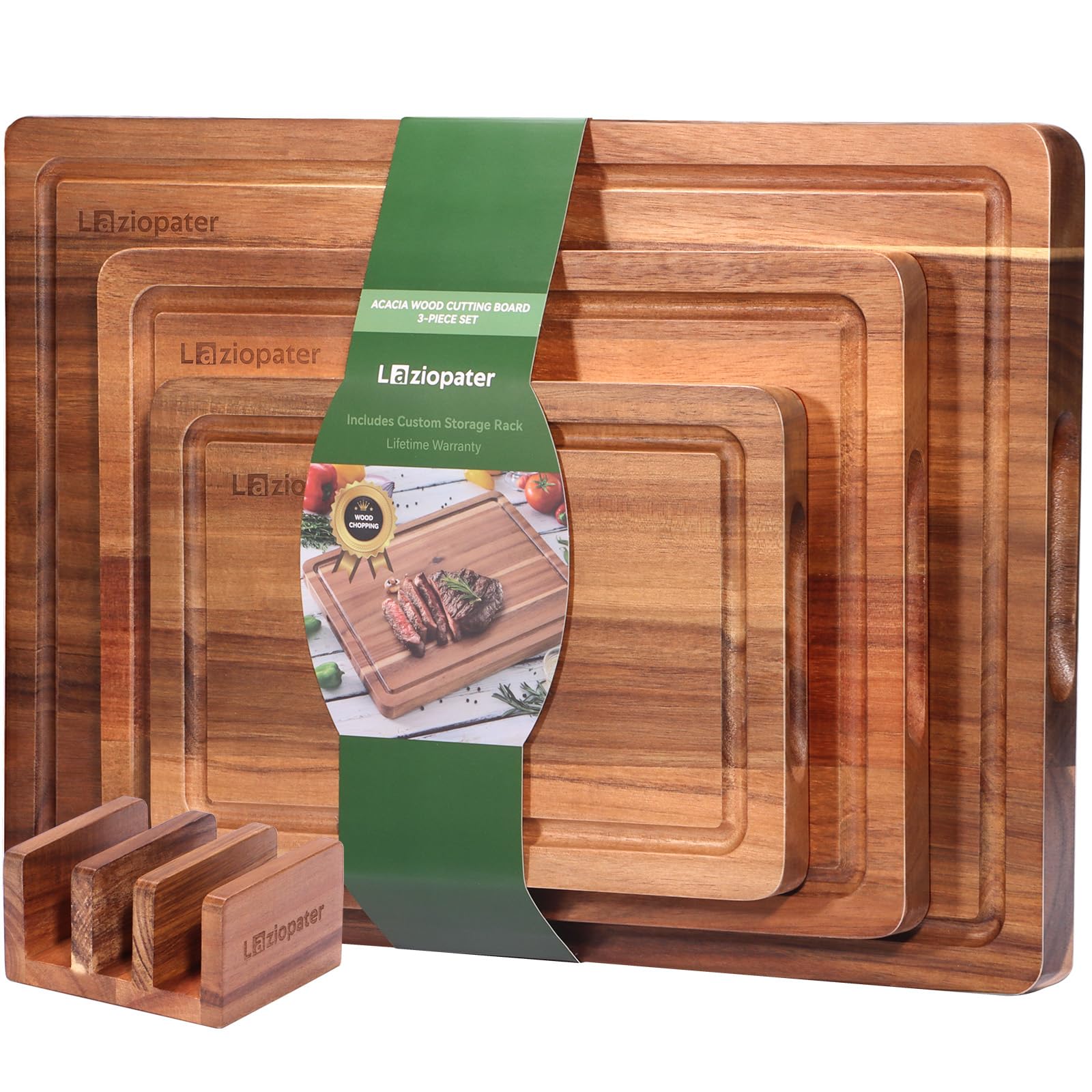 LAZIOPATER tabla de corte de acacia con 3 tamaños y asas integradas para la cocina