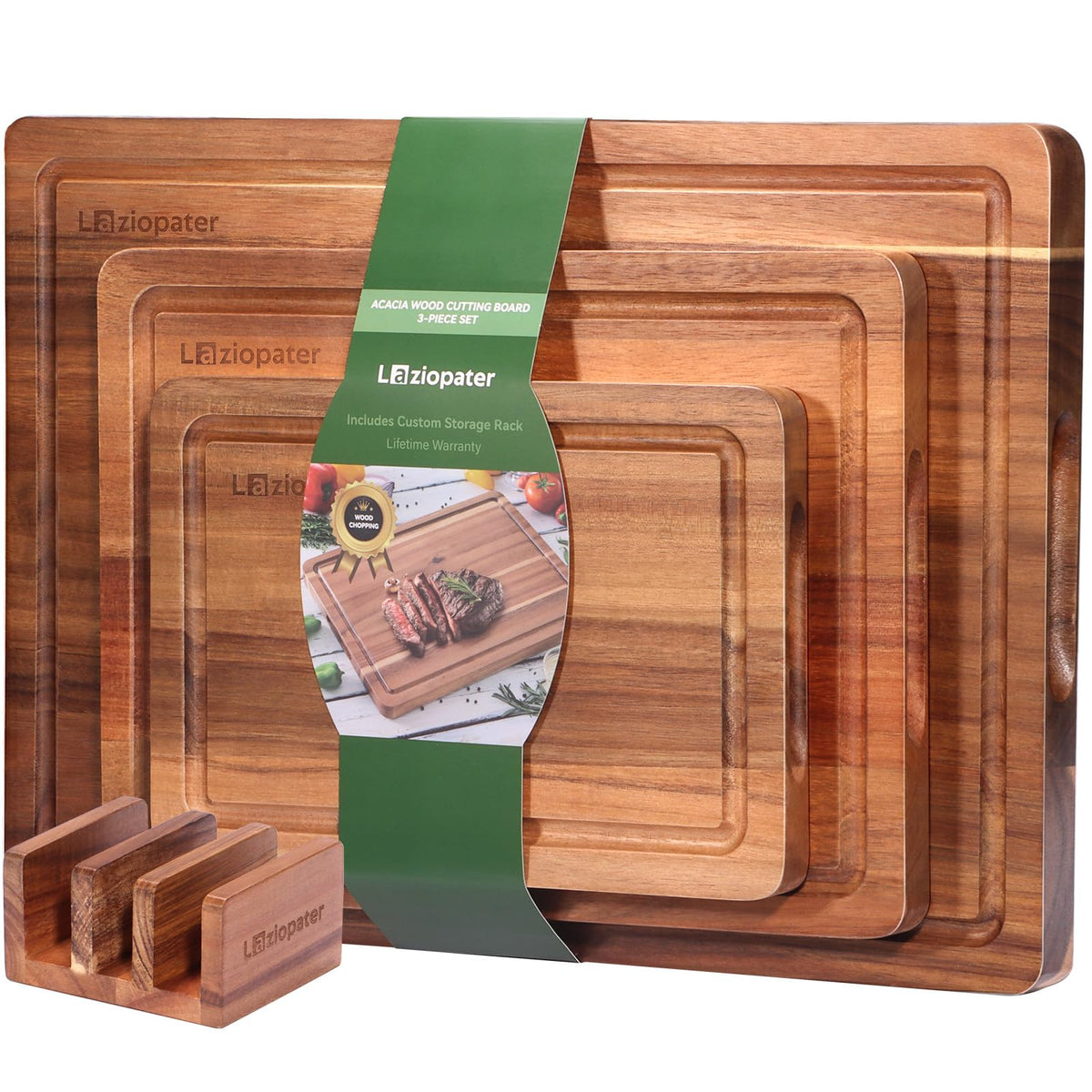 LAZIOPATER tabla de corte de acacia con 3 tamaños y asas integradas para la cocina