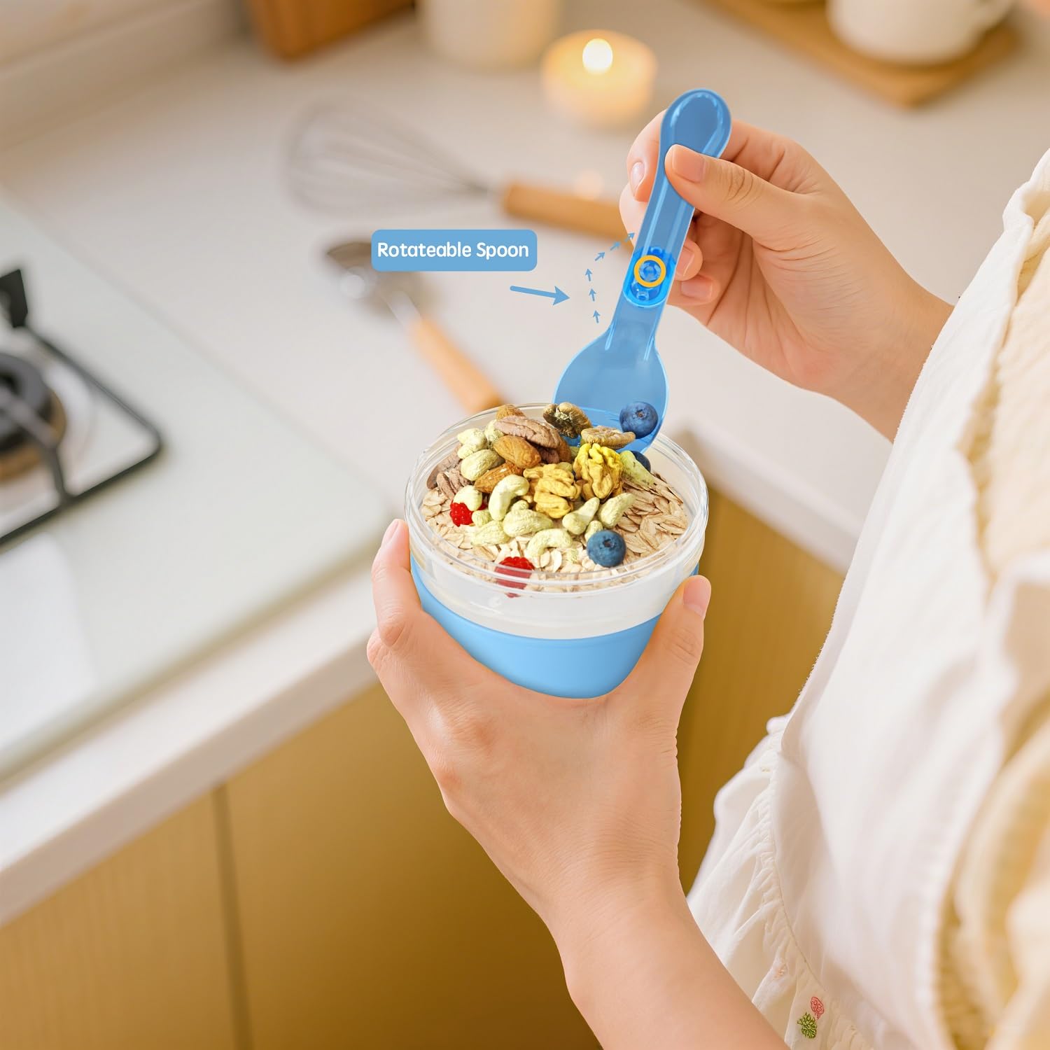 Lazyshine compartimento-toppings separado mantiene crujientes frutos y granola.