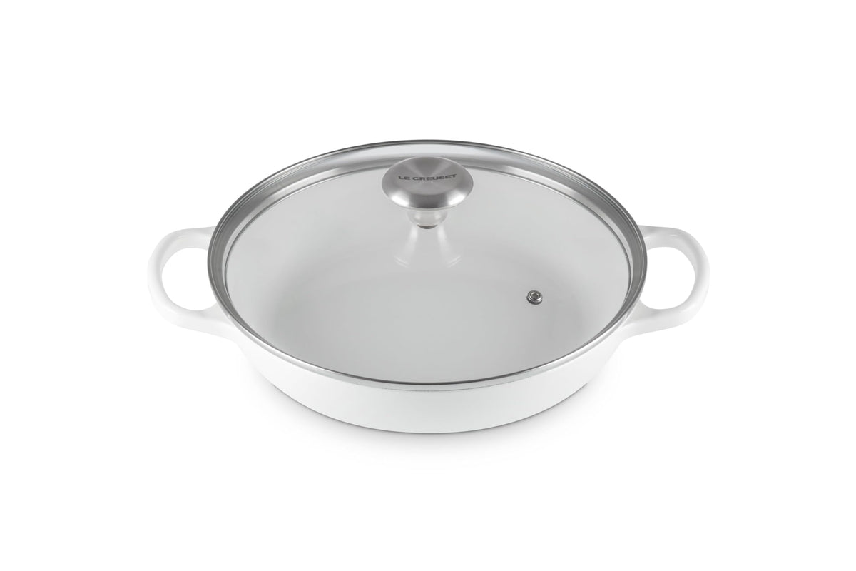 Le Creuset brasero esmaltado de hierro con tapa de vidrio blanco, cocción uniforme