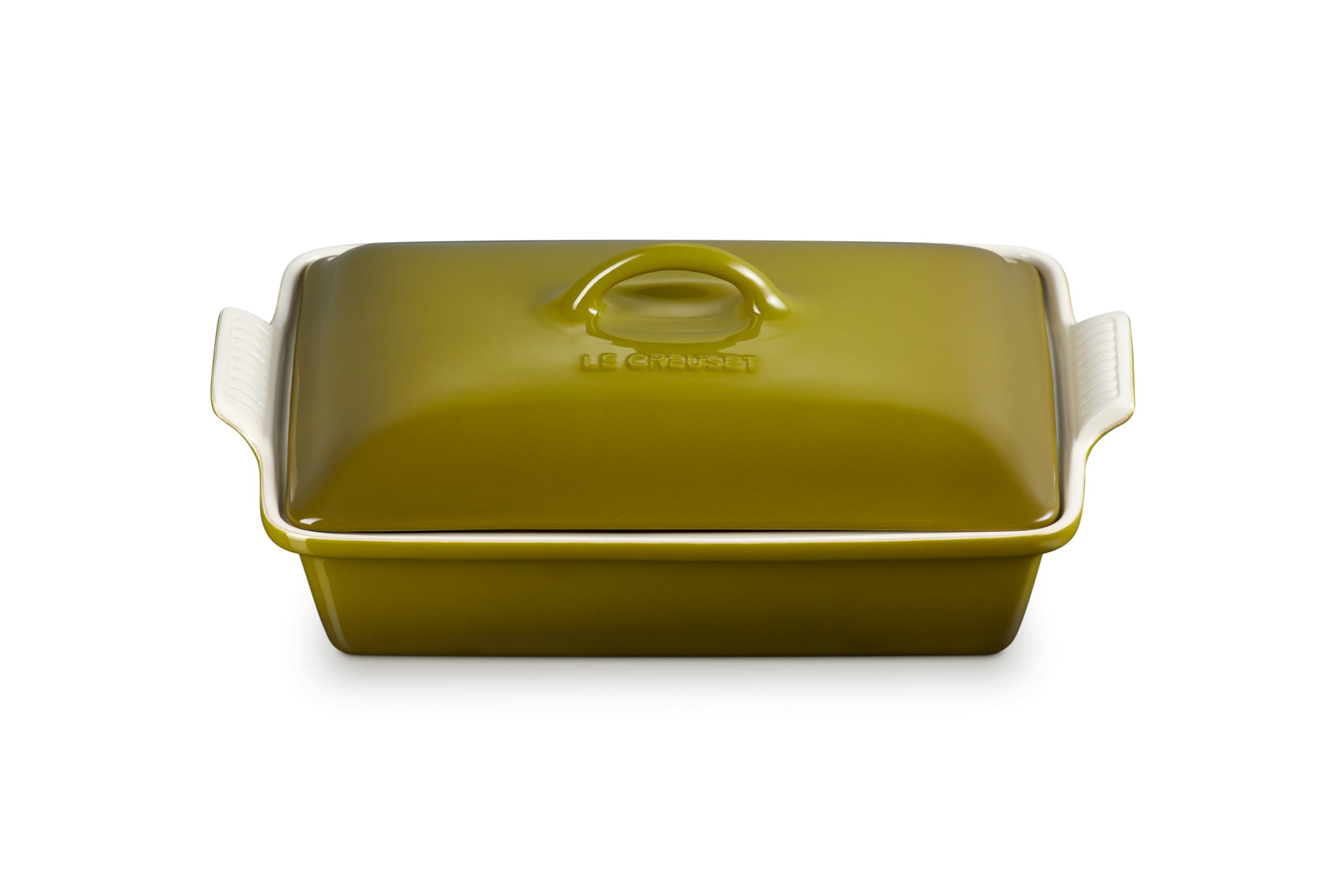 Le Creuset Heritage: cazuela rectangular de oliva con tapa, mantiene la comida caliente por más tiempo.