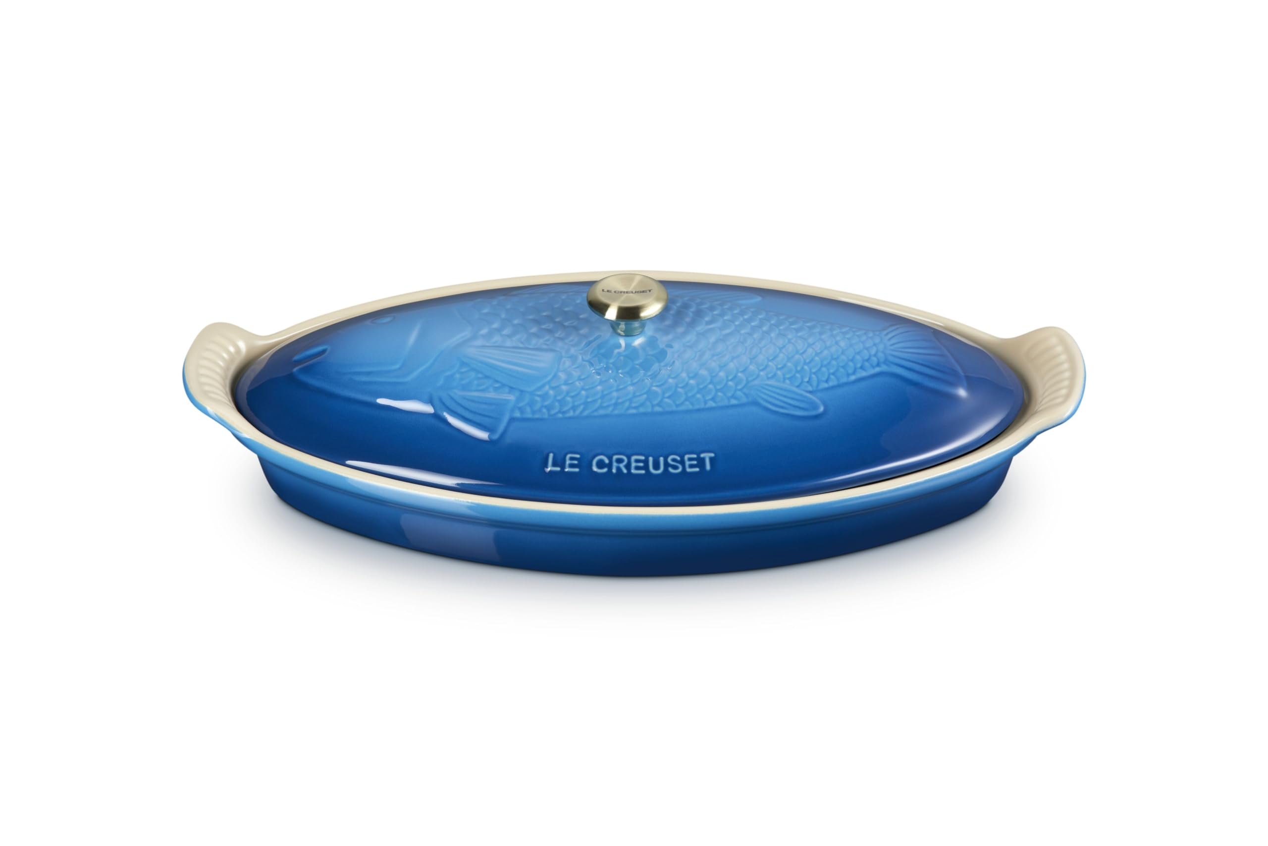 Le Creuset Heritage Fish Baker de loza de piedra, enfoque pescado oval, hornea pescado de forma uniforme.