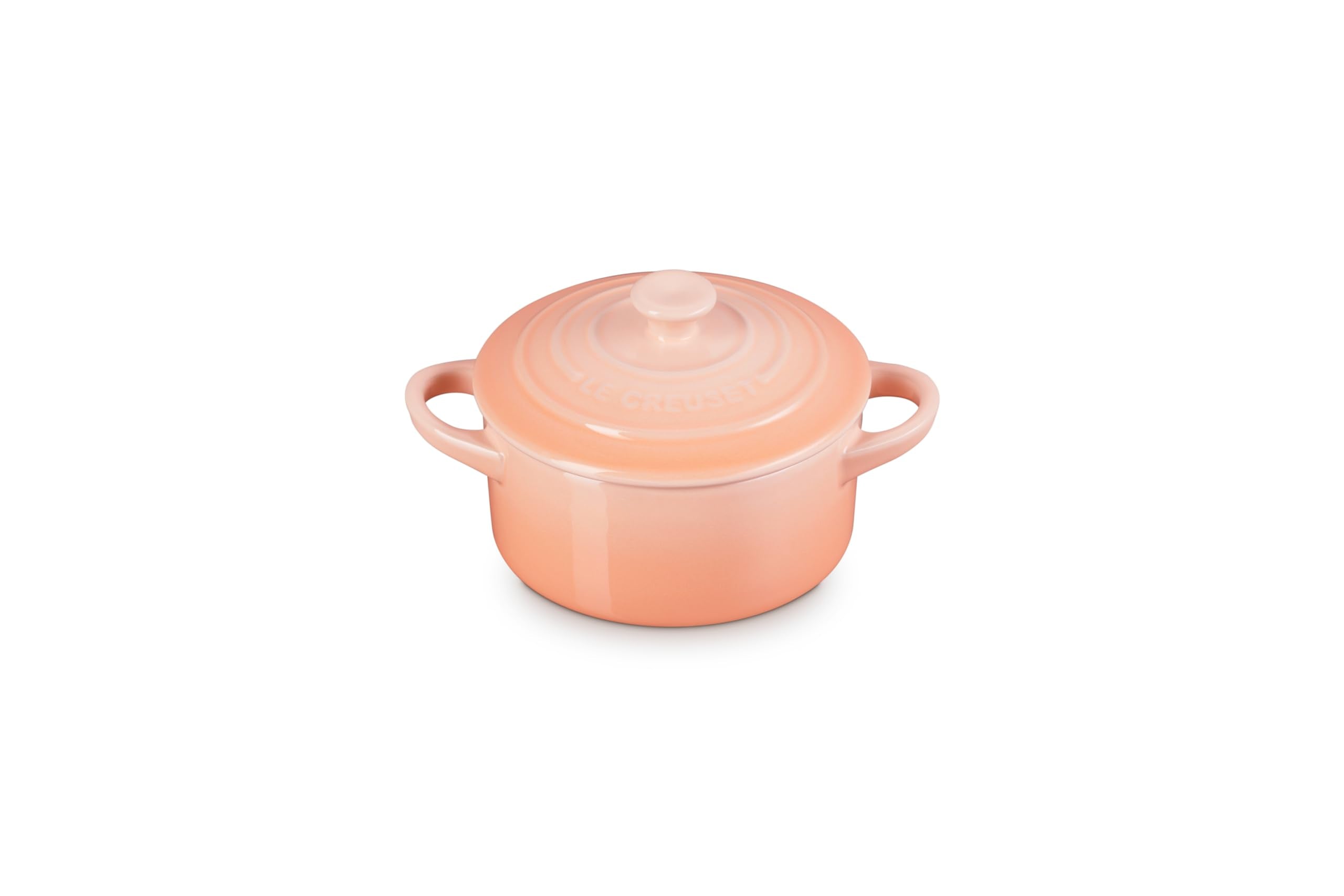 Le Creuset Mini Cocotte Peche, vista frontal, porciones individuales para postres