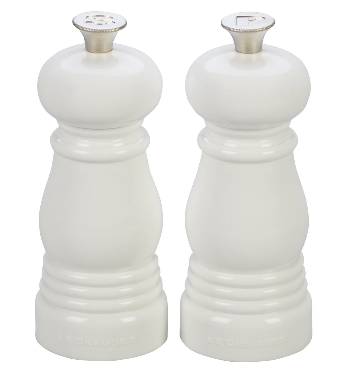 Le Creuset molinillos sal y pimienta blancos frente, control preciso del sabor.