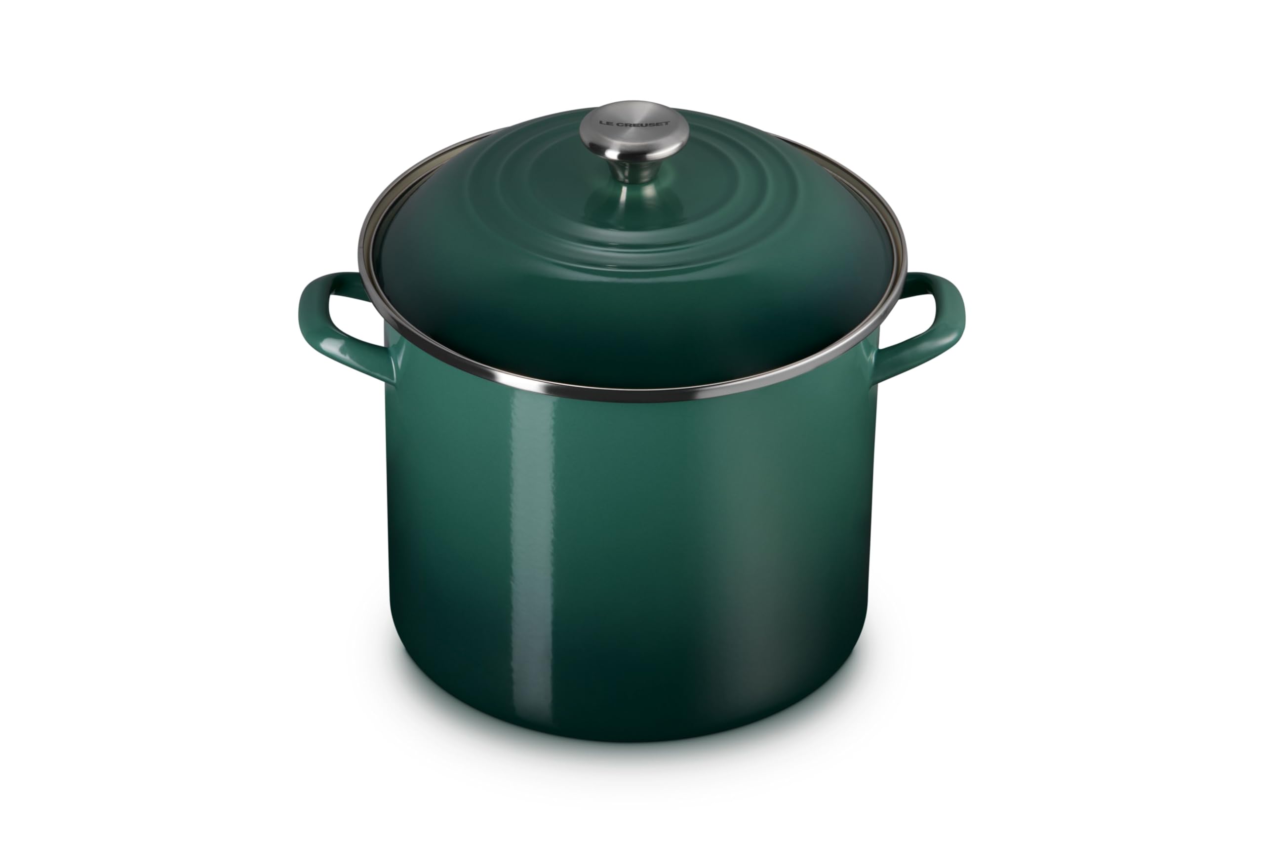 Olla Le Creuset de acero 12 cuartos color alcachofa con mango inoxidable, calentamiento rápido.