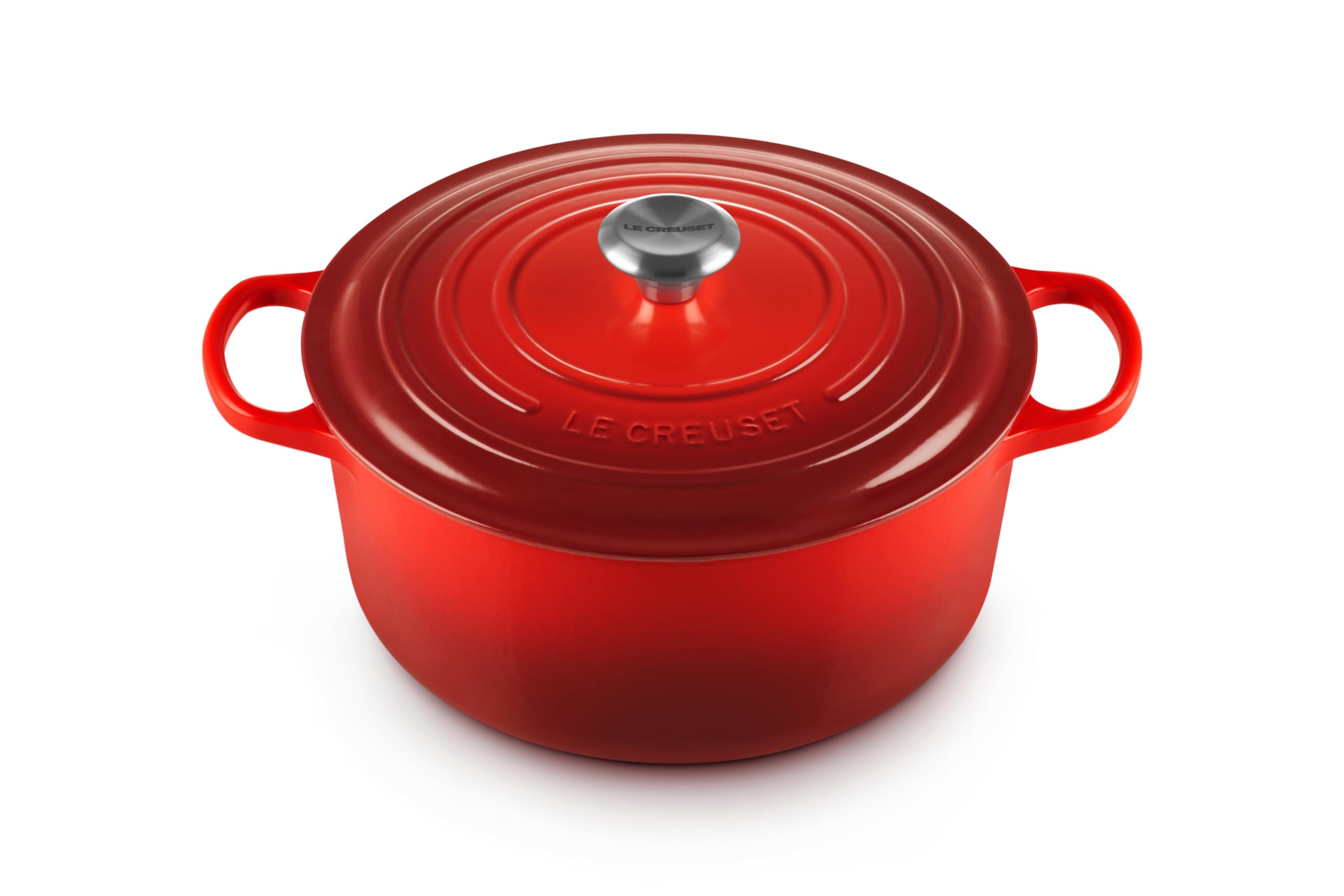 Le Creuset Olla de hierro esmaltado Cerise, vista frontal, ideal para dorar y sellar sabores
