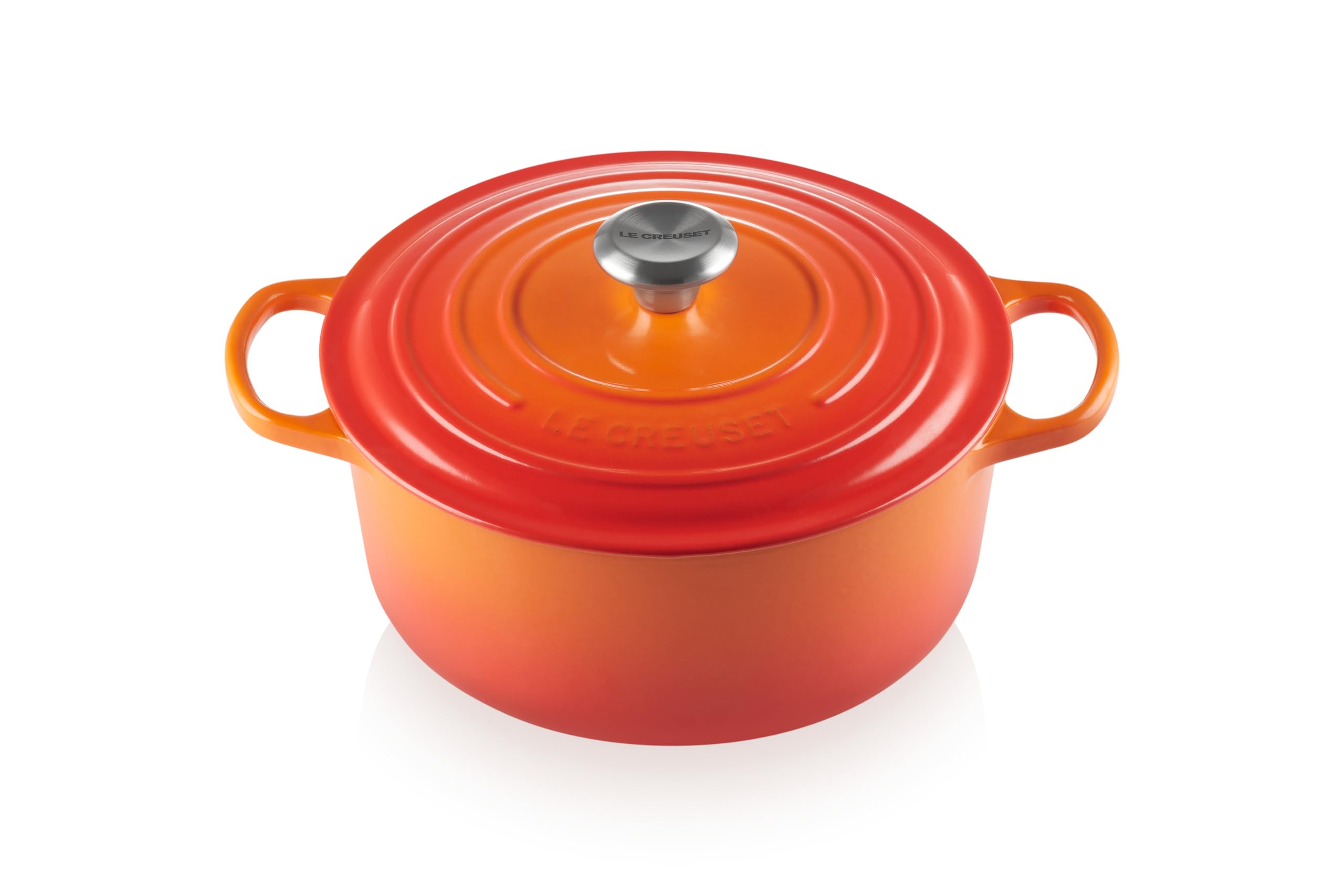 Le Creuset Olla esmaltada redonda de 5,5 qt, color naranja intenso, cocción uniforme garantizada.