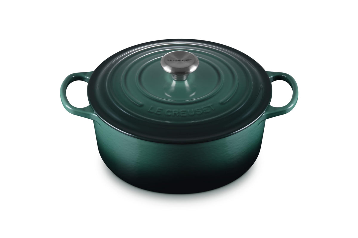 Le Creuset olla esmaltada redonda Artichaut, vista frontal, calor uniforme para guisos.