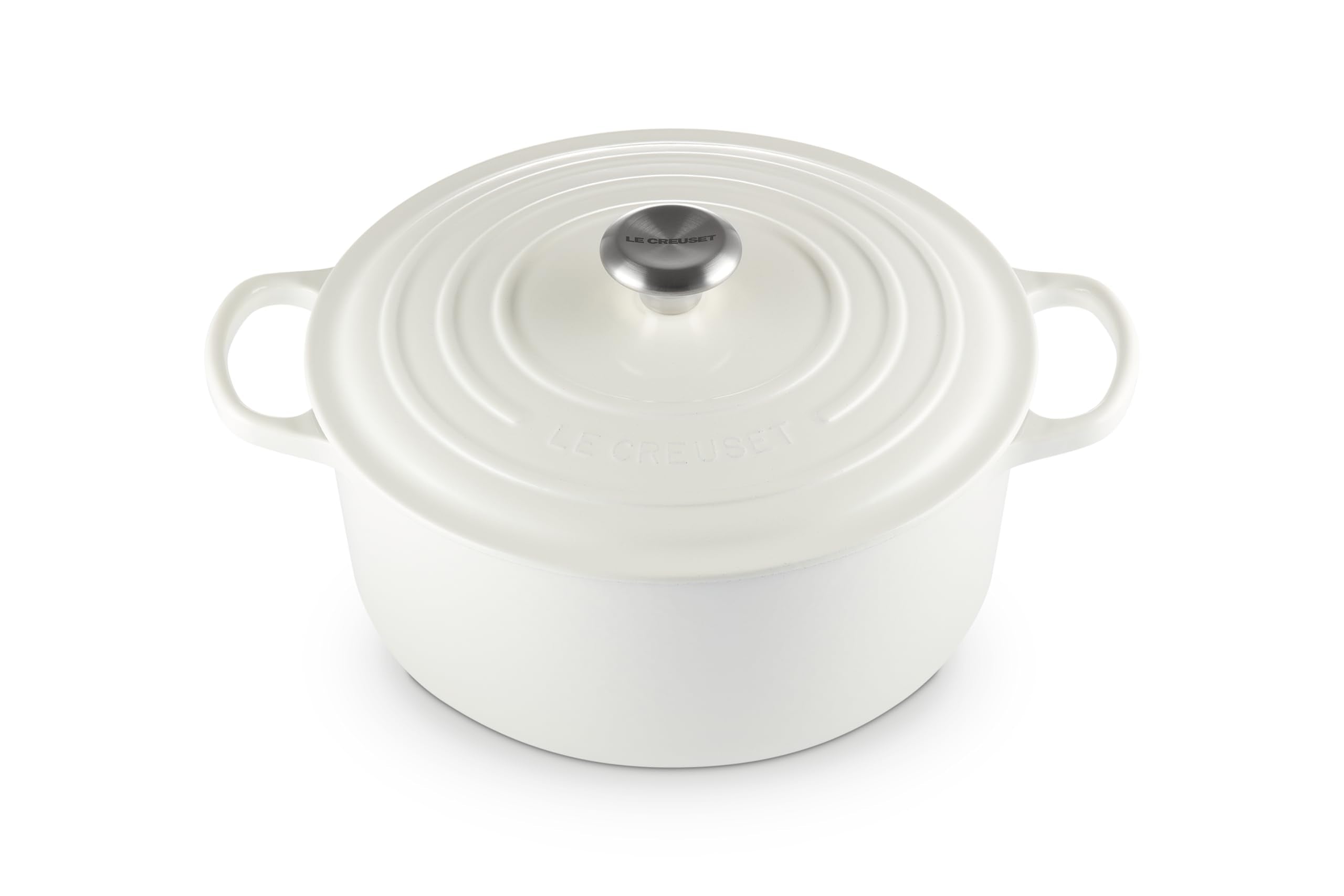 Le Creuset olla de hierro esmaltado blanca, vista superior para monitorear la cocción