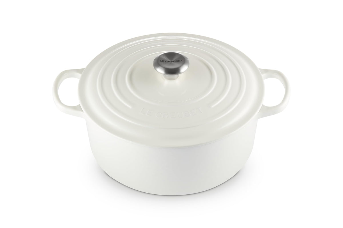 Le Creuset olla de hierro esmaltado blanca, vista superior para monitorear la cocción
