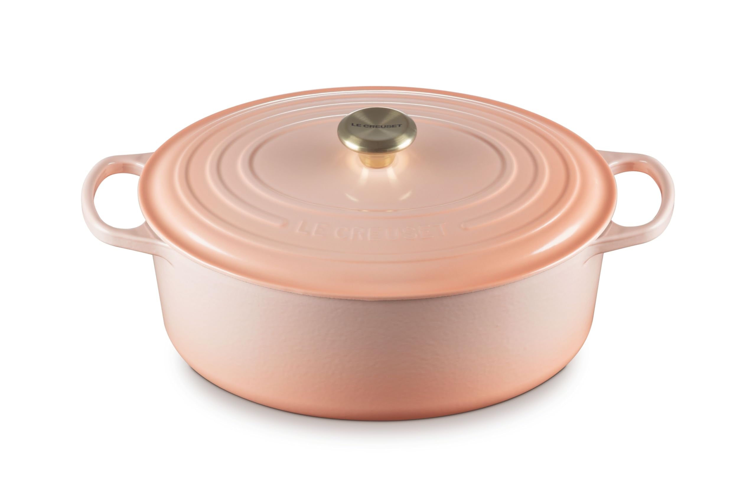 Le Creuset olla oval esmaltada 8qt Peche, ideal para guisos grandes.