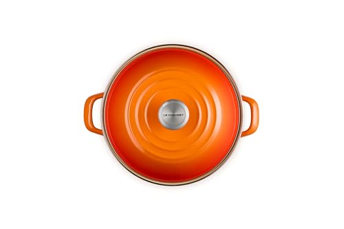 Pomo resistente al calor de Le Creuset, permanece frío al tacto para seguridad.