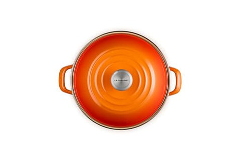 Pomo resistente al calor de Le Creuset, permanece frío al tacto para seguridad.