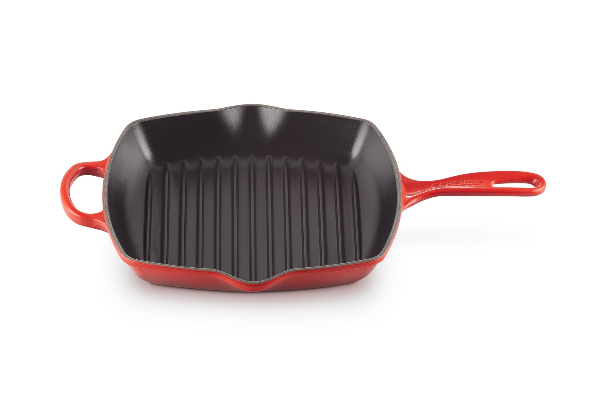 Le Creuset sartén parrilla cuadrada cerise para sellar carnes con marcas.