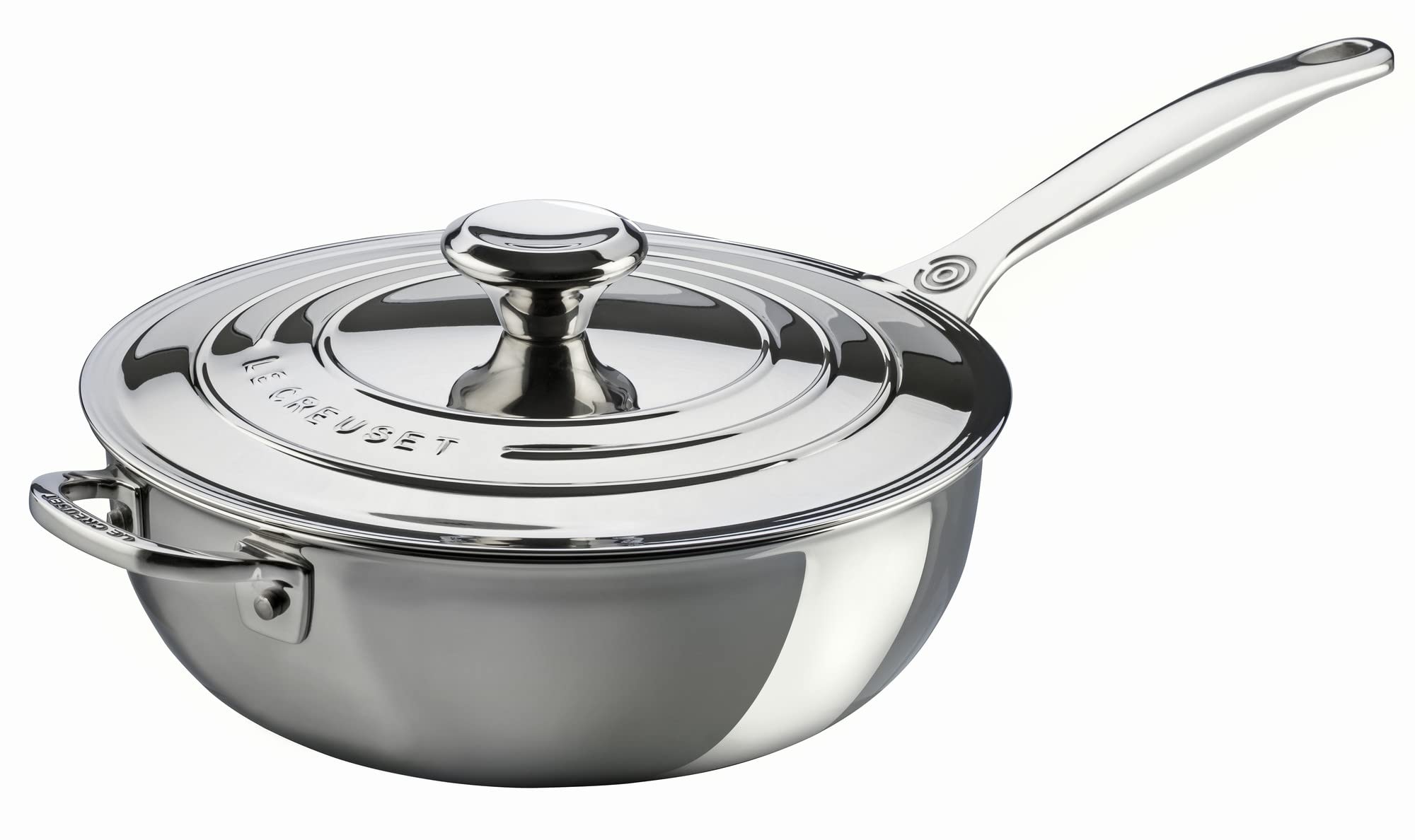 Le Creuset Saucier triple capa, frente, distribución uniforme del calor.
