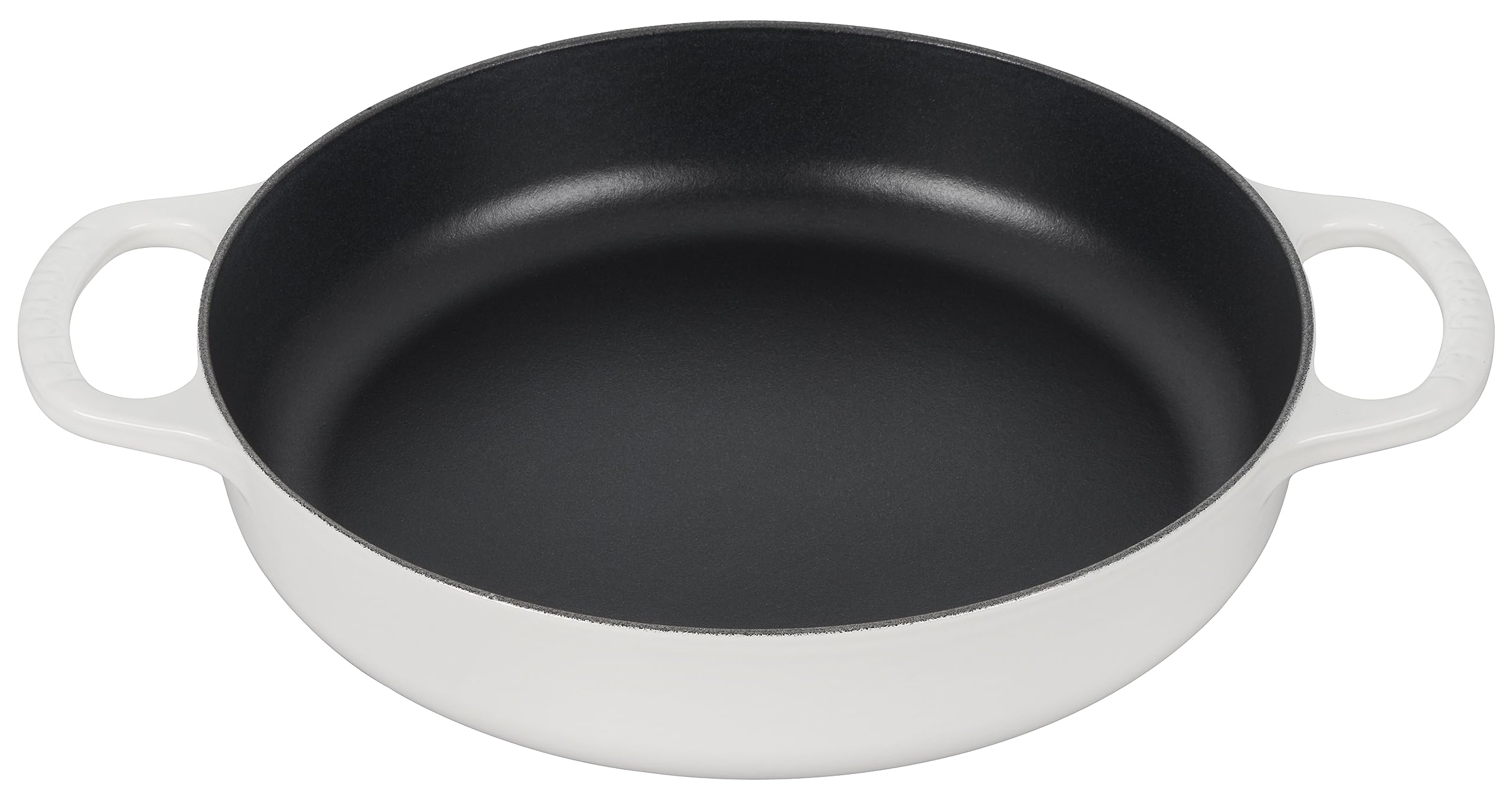 Le Creuset Signature sartén de hierro 11 pulgadas blanco, vista frontal, distribución de calor superior.